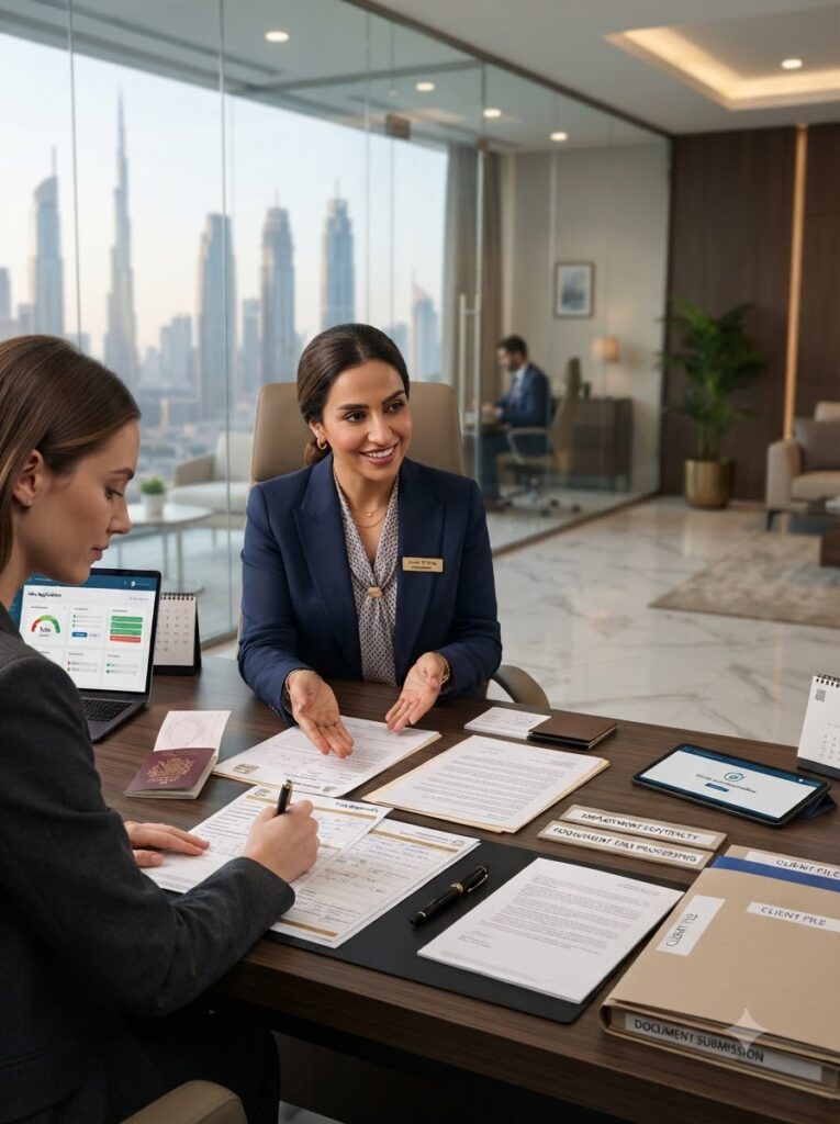 Business consultant assisting client with company setup in UAE