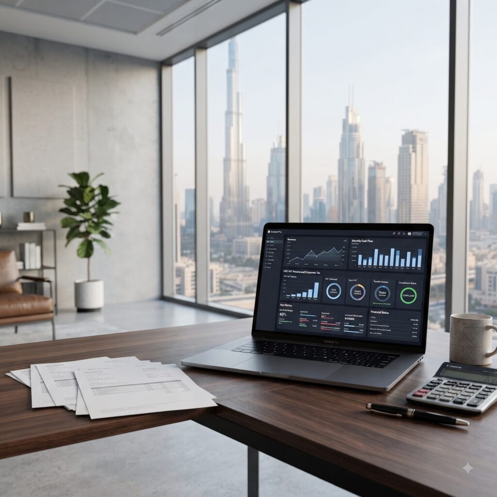 Laptop displaying financial analysis and VAT reporting in UAE